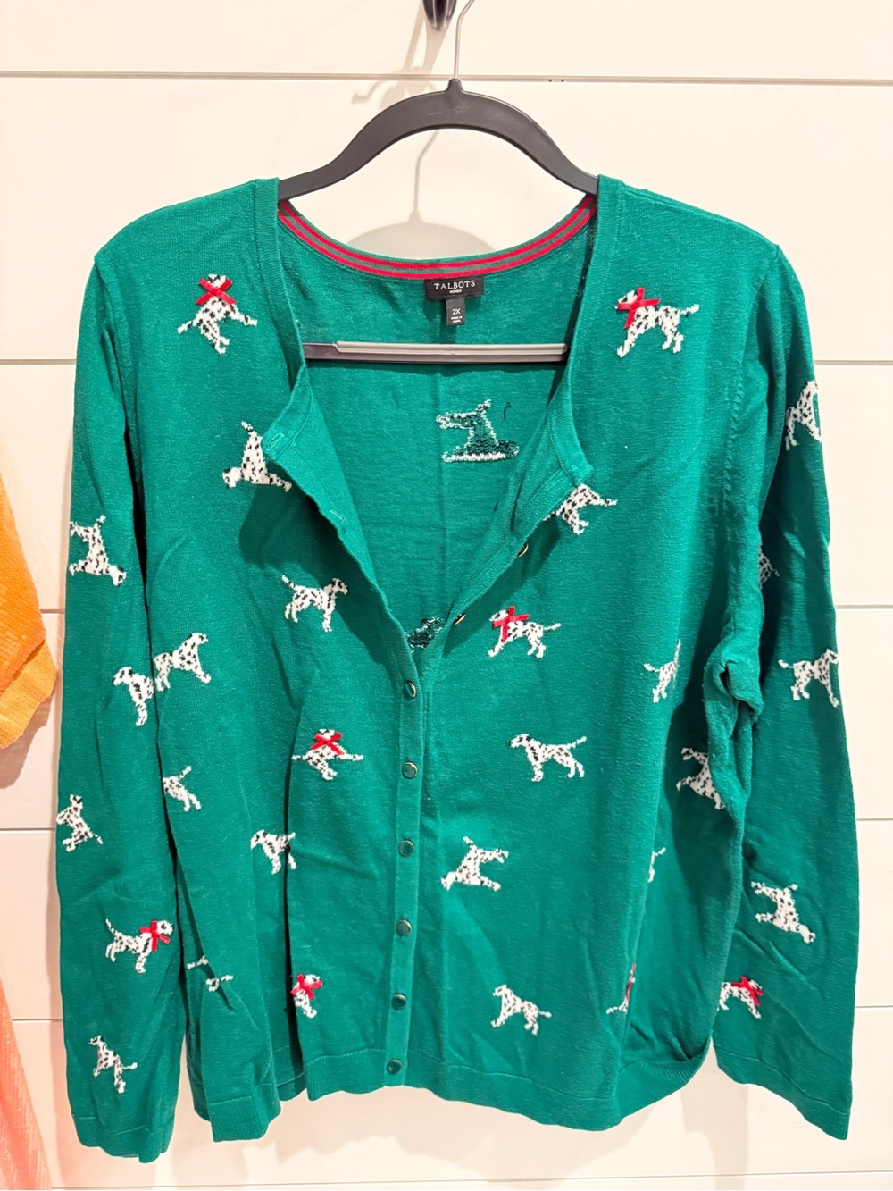 Talbots Kelly Green Knit Cardigan with Red Satin Bows